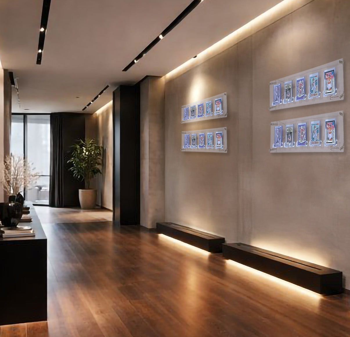 Epic Collection Elite Display - premium sports trading card display, The Showcase clear acrylic display in modern living room hallway.