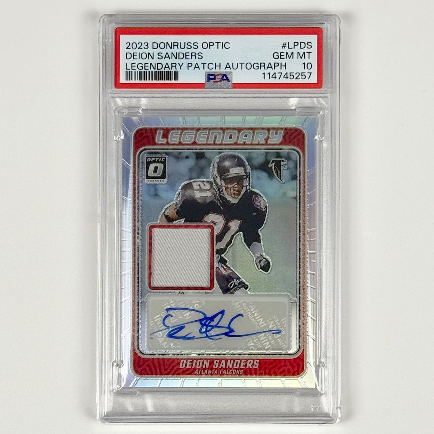 Deion Sanders - PSA 10 POP2, 2023 Donruss Optic, Legendary Patch Autograph