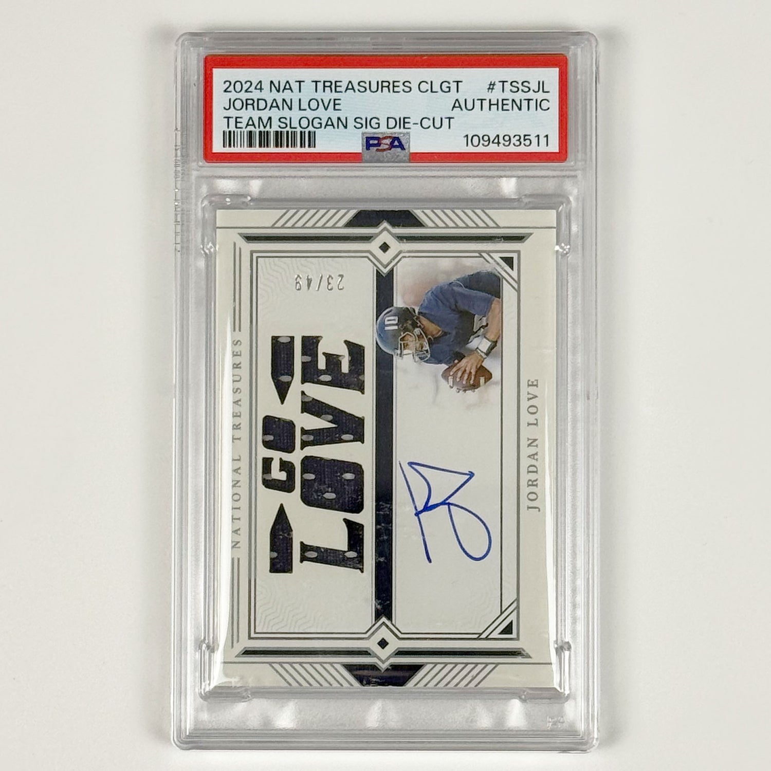 Jordan Love - PSA certified authentic, National Treasures Collegiate Team Slogan Signature Die-cut